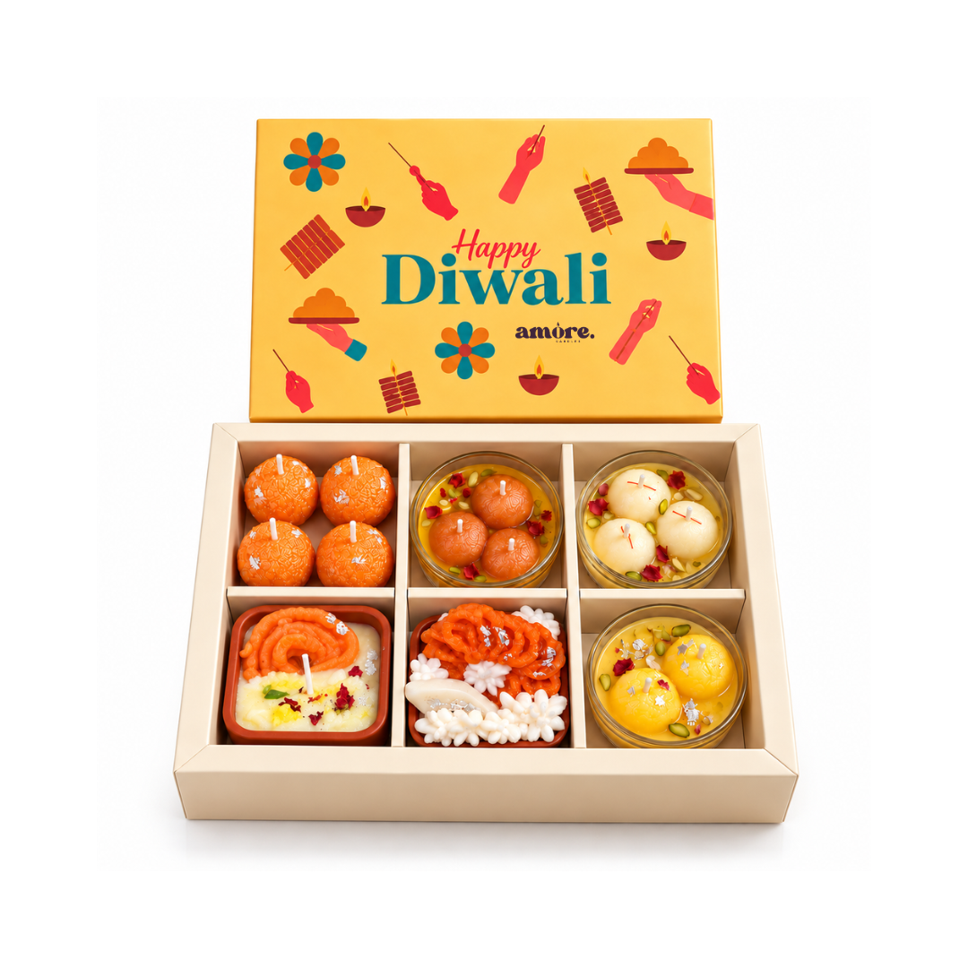 Diwali Mithai Candle Box with six mithai-shaped candles by Amore Candles