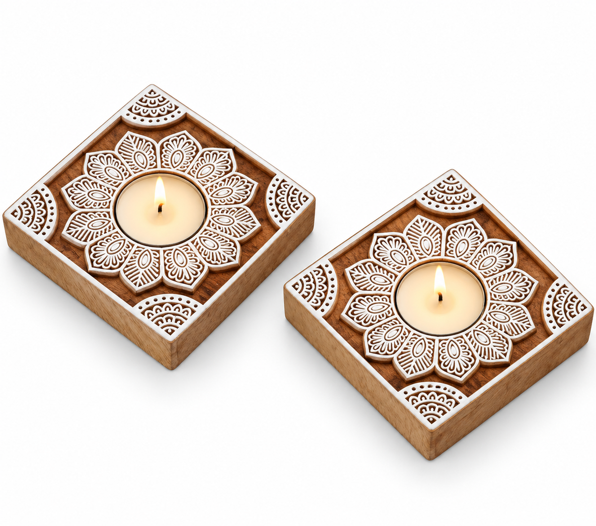 Amore Candles Floral Square Mandala Wooden Tealight Holder