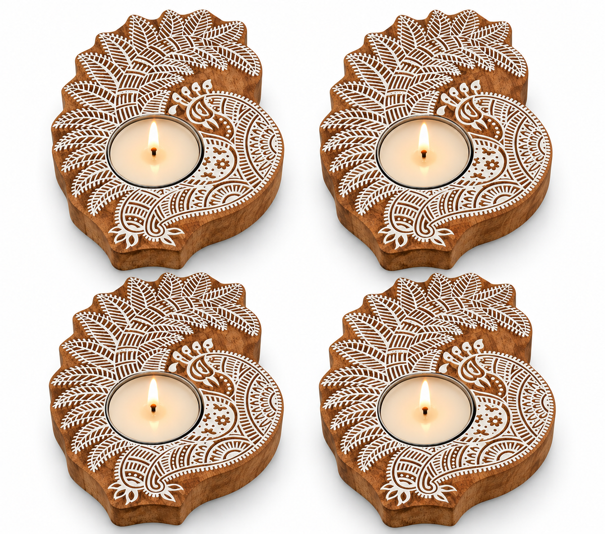 Wooden Tealight Holder — Peacock Mandala