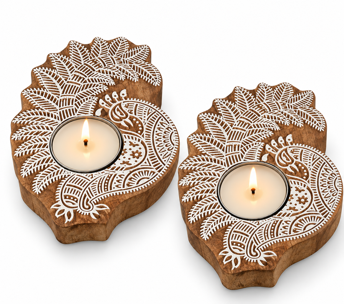 Amore Candles Peacock Mandala Wooden Tealight Holder