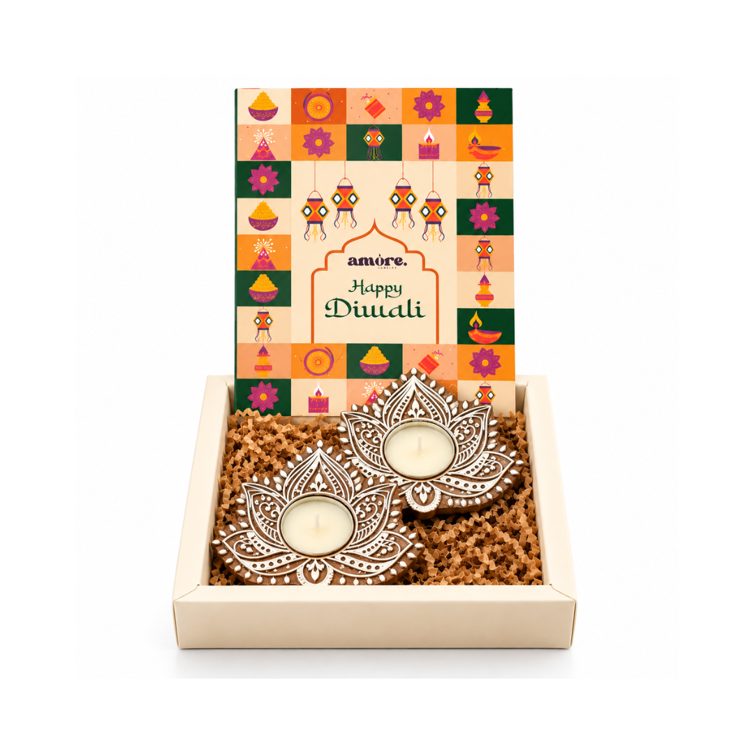 The Lotus Glow Hamper with two lotus tealight holders by Amore Candles