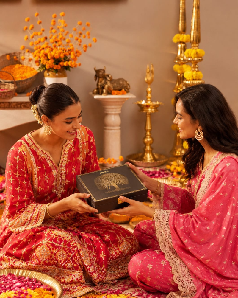 Two women exchanging an Amore gift box during festive celebrations