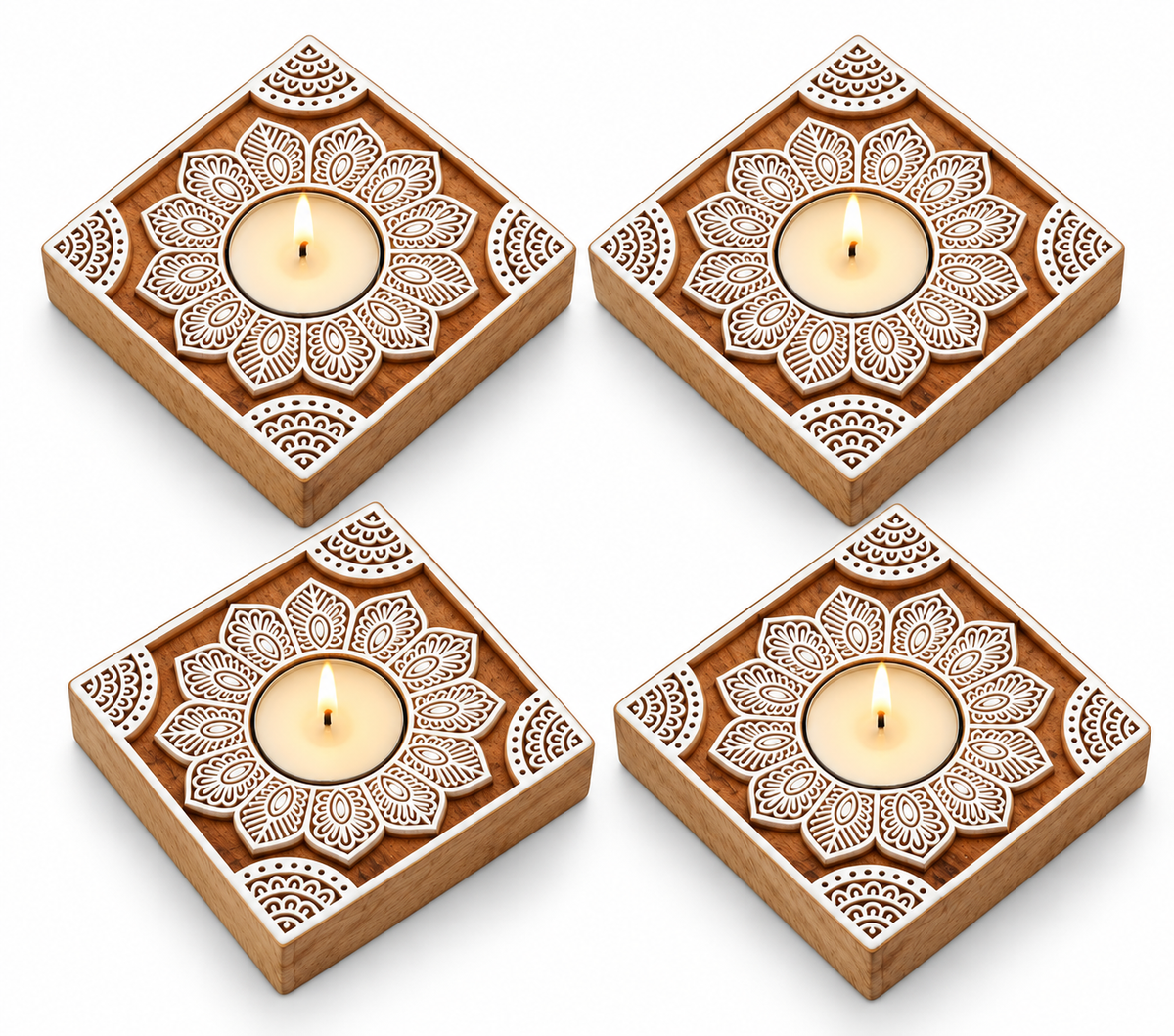 Wooden Tealight Holder — Floral Square Mandala