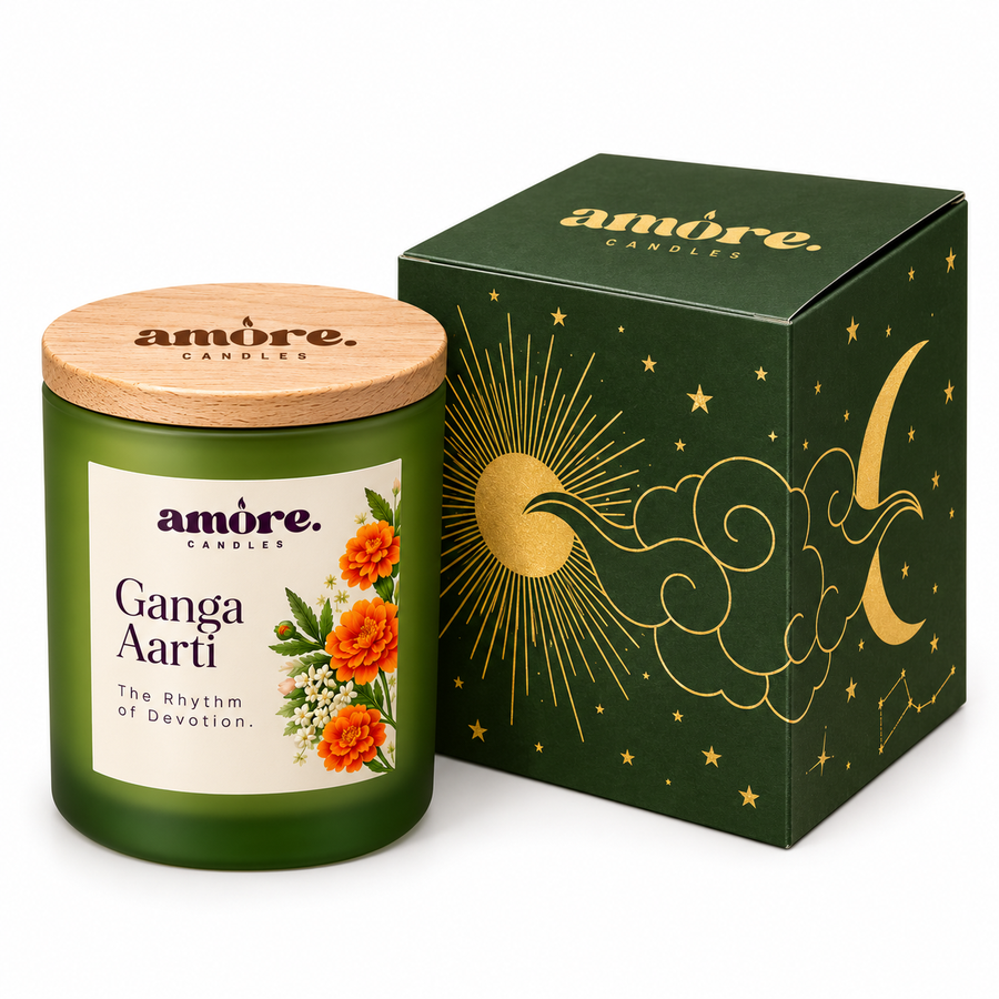 Ganga Aarti wooden wick candle by Amore Candles, Scents of India