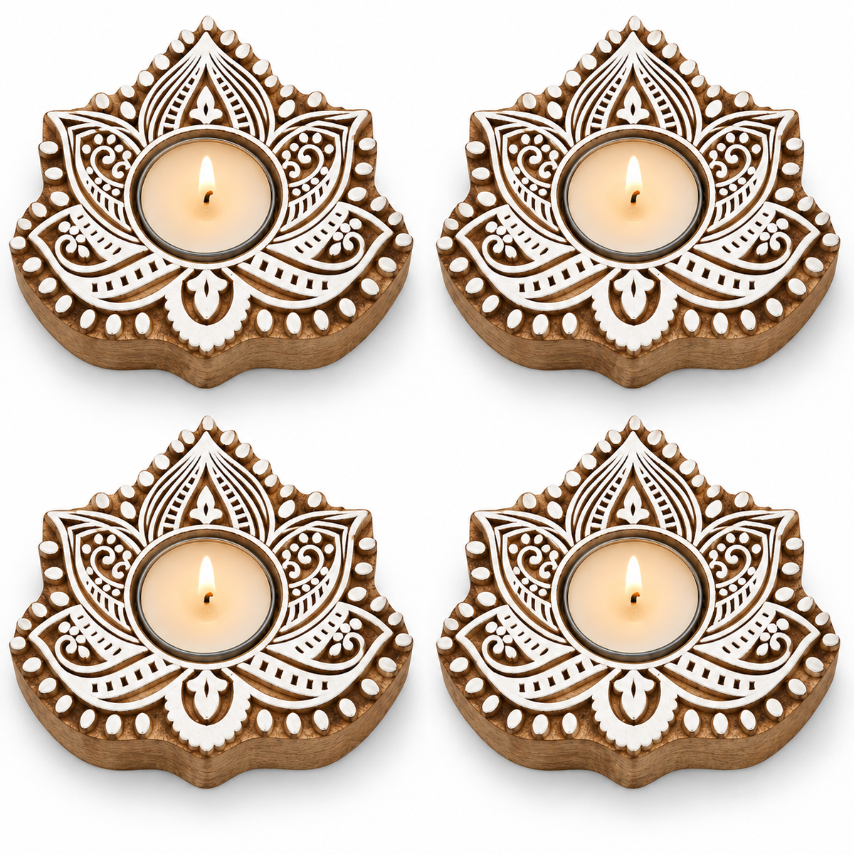 Wooden Tealight Holder — Lotus Mandala
