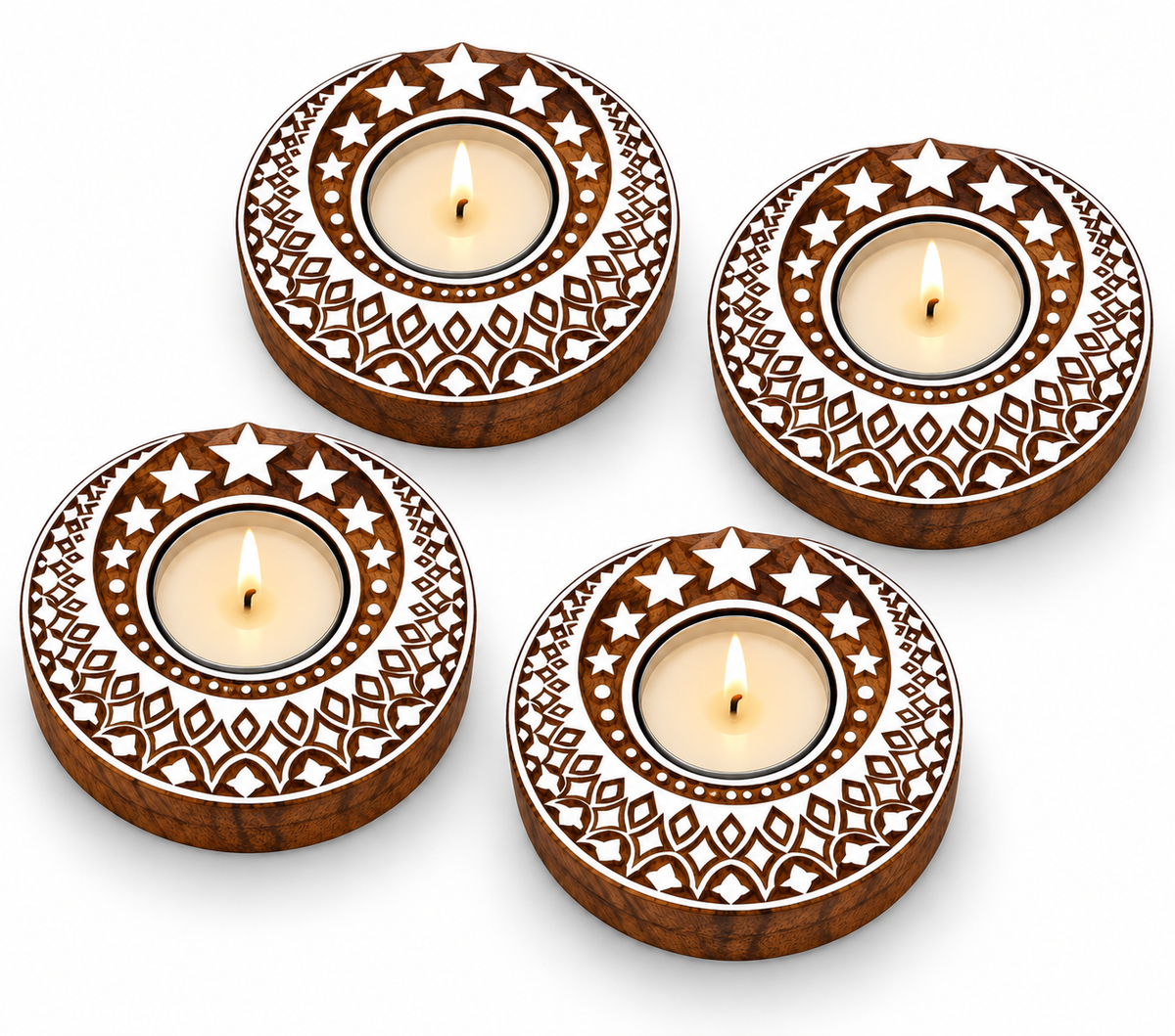 Wooden Tealight Holder — Crescent Moon Mandala