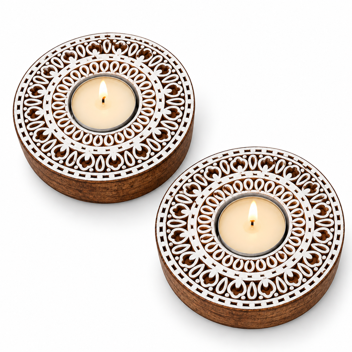 Amore Candles Round Mandala Art Wooden Tealight Holder